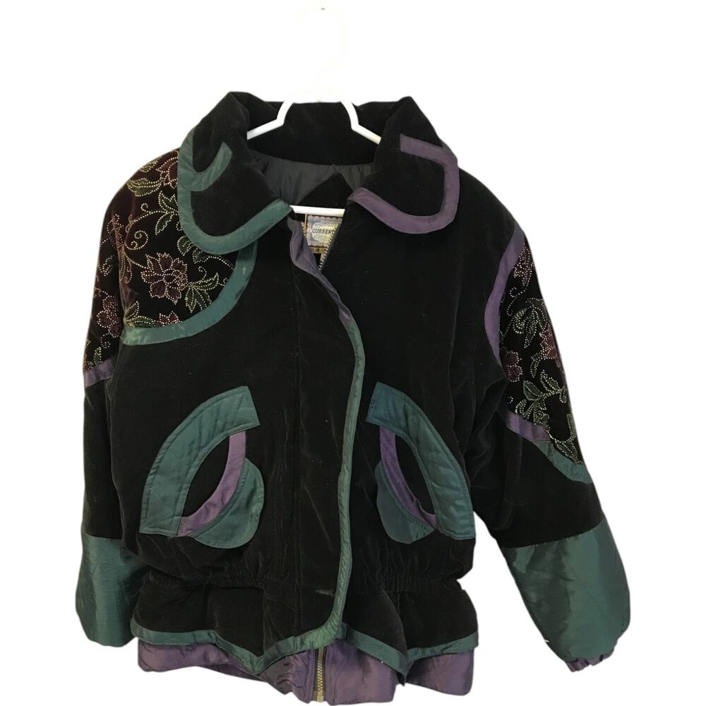 Current Seen Jacket Women M Black Snap Zip Bead Embellished Velvet Puffy Vintage